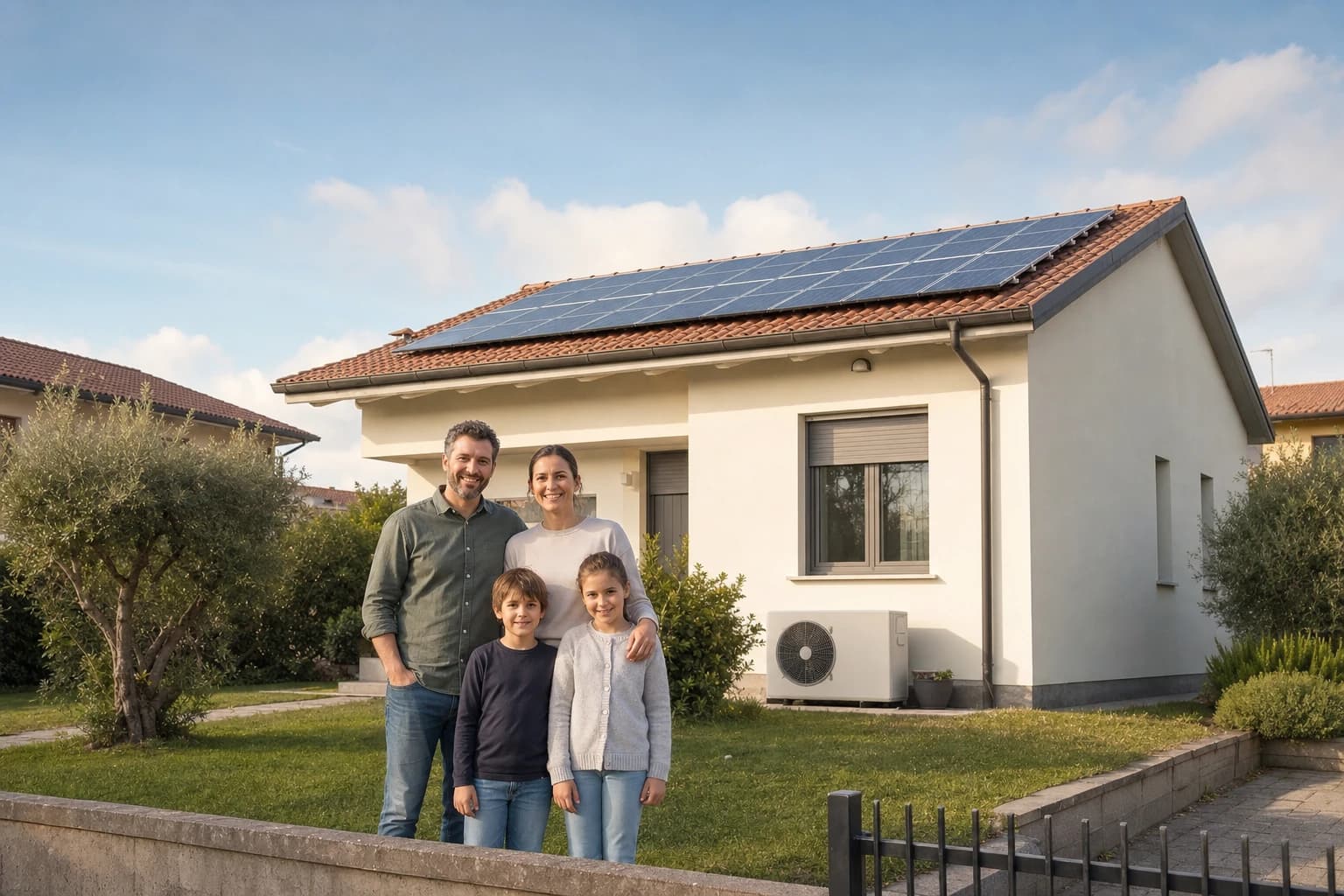 Impianto fotovoltaico con batteria di accumulo su tetto residenziale