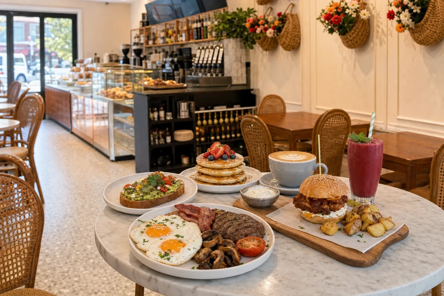 Tavolo brunch Casamadie con waffle, uova, avocado toast e smoothie