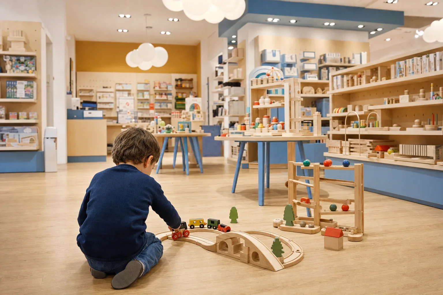 Negozio Città del Sole con giochi educativi in legno e scaffali curati