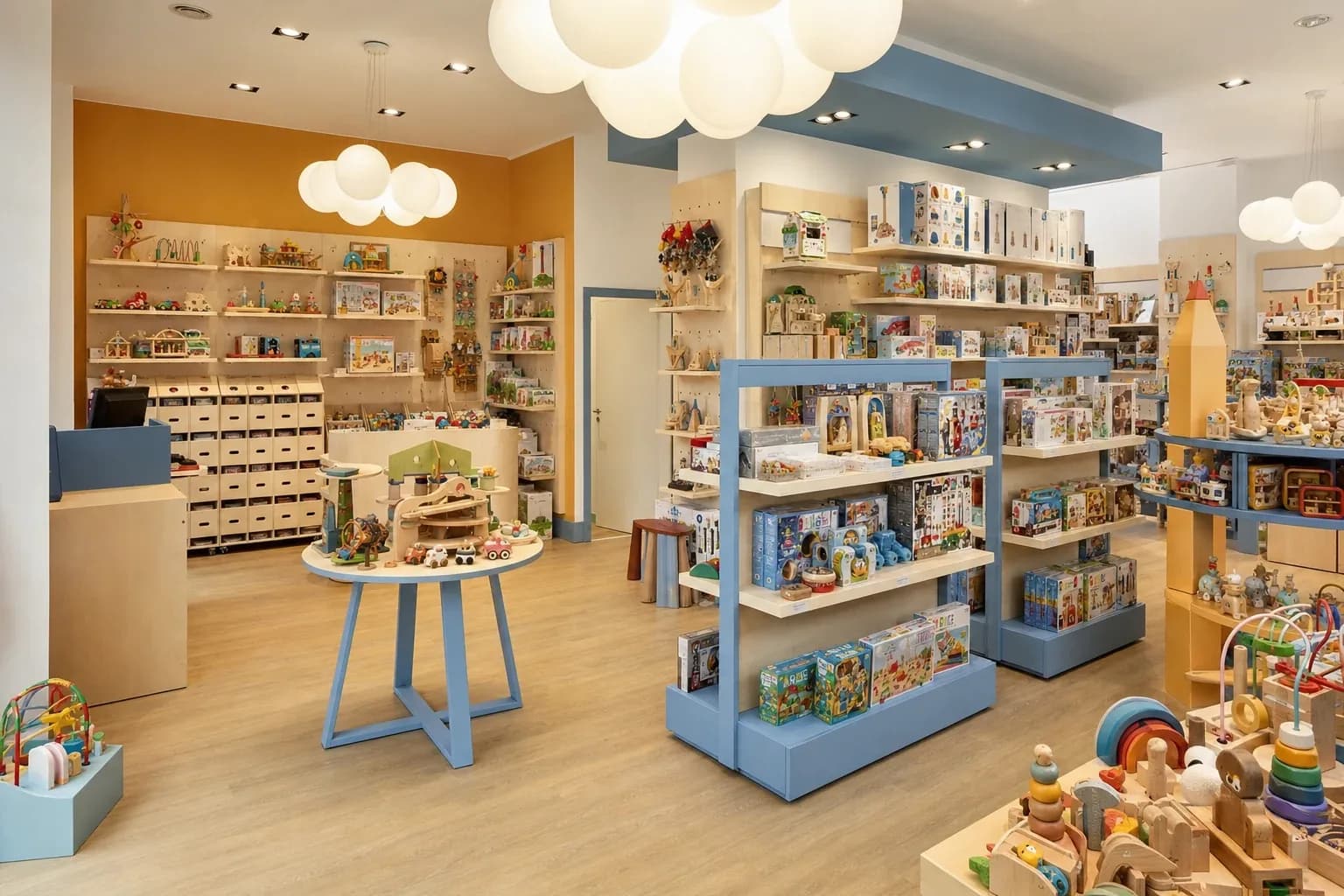 Interno di un negozio Città del Sole con scaffali in legno e giochi educativi