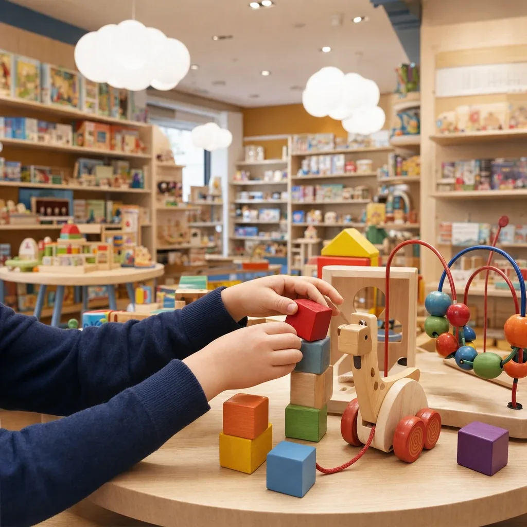 Giochi in legno e tessuto naturali esposti in un negozio Città del Sole
