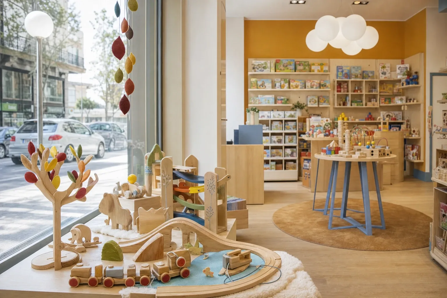 Interno di un negozio Città del Sole con scaffali in legno e giochi educativi