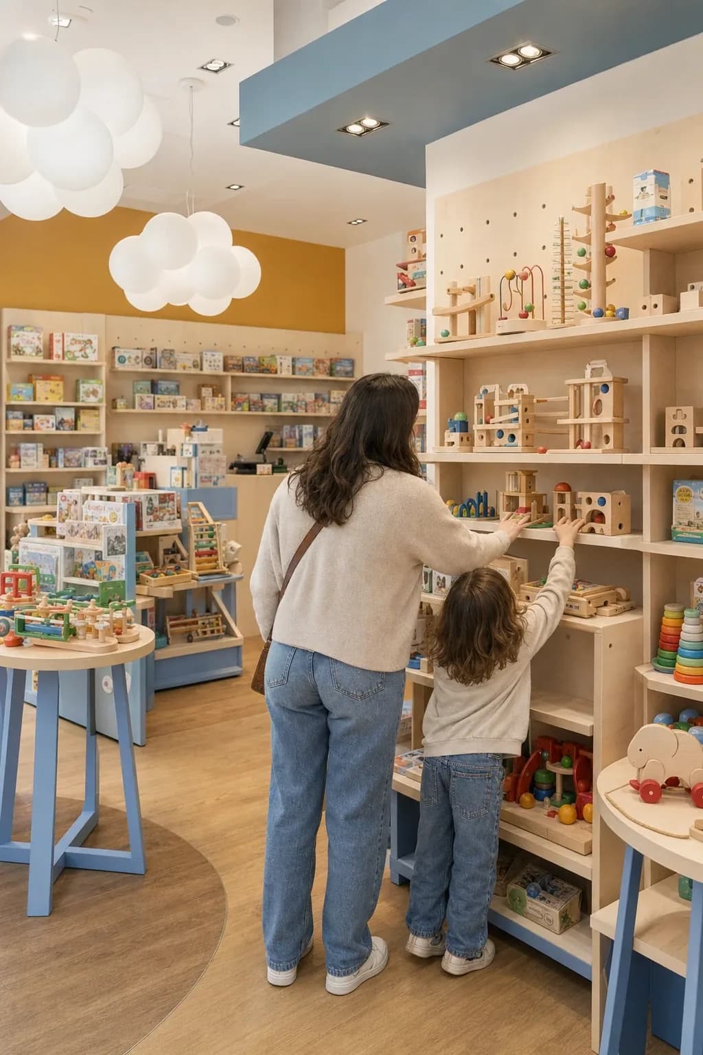 Giochi in legno e tessuto naturali esposti in un negozio Città del Sole