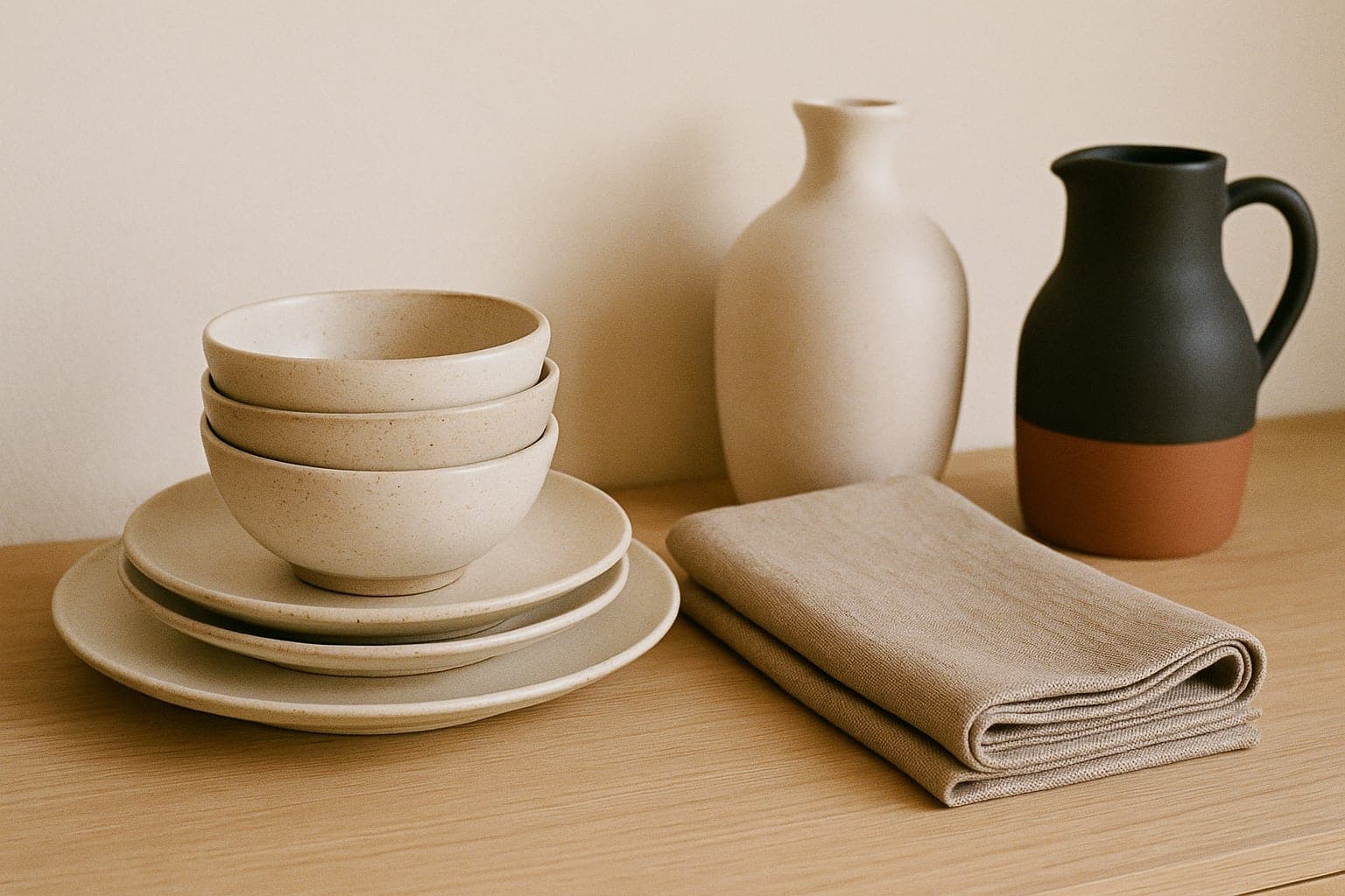 Piatti e ciotole in gres impilati, tovagliolo in lino e vasi in ceramica