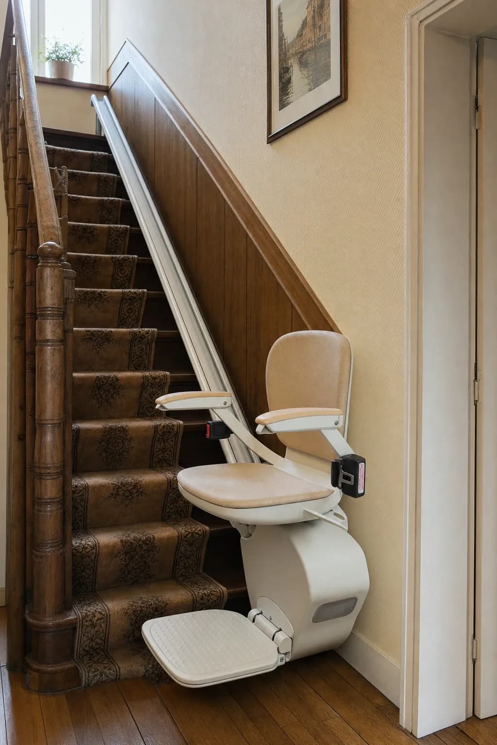 Monte-escalier intégré dans l'escalier d'une maison