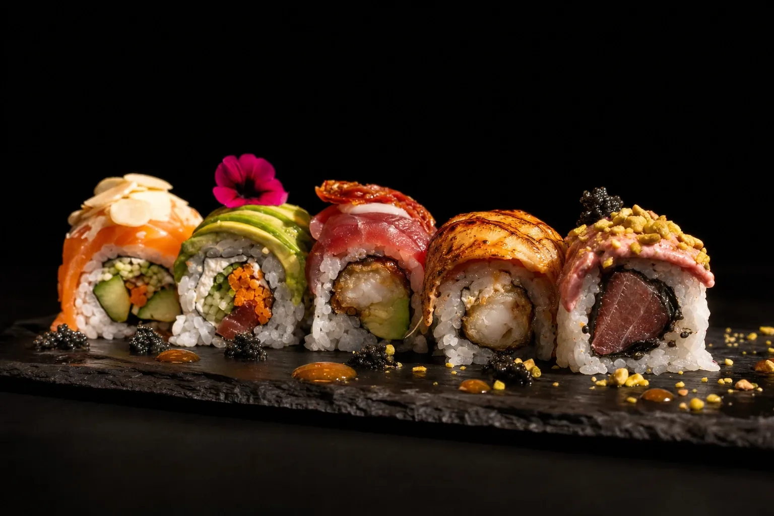 Sushi fusion italo-giapponese di Deba Restaurant impiattato su fondo nero