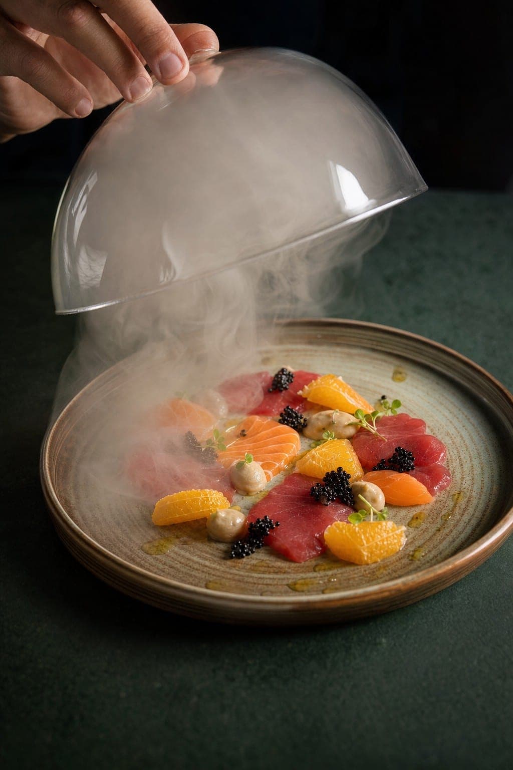 Piatto crudo fusion di Deba Restaurant con agrumi e caviale