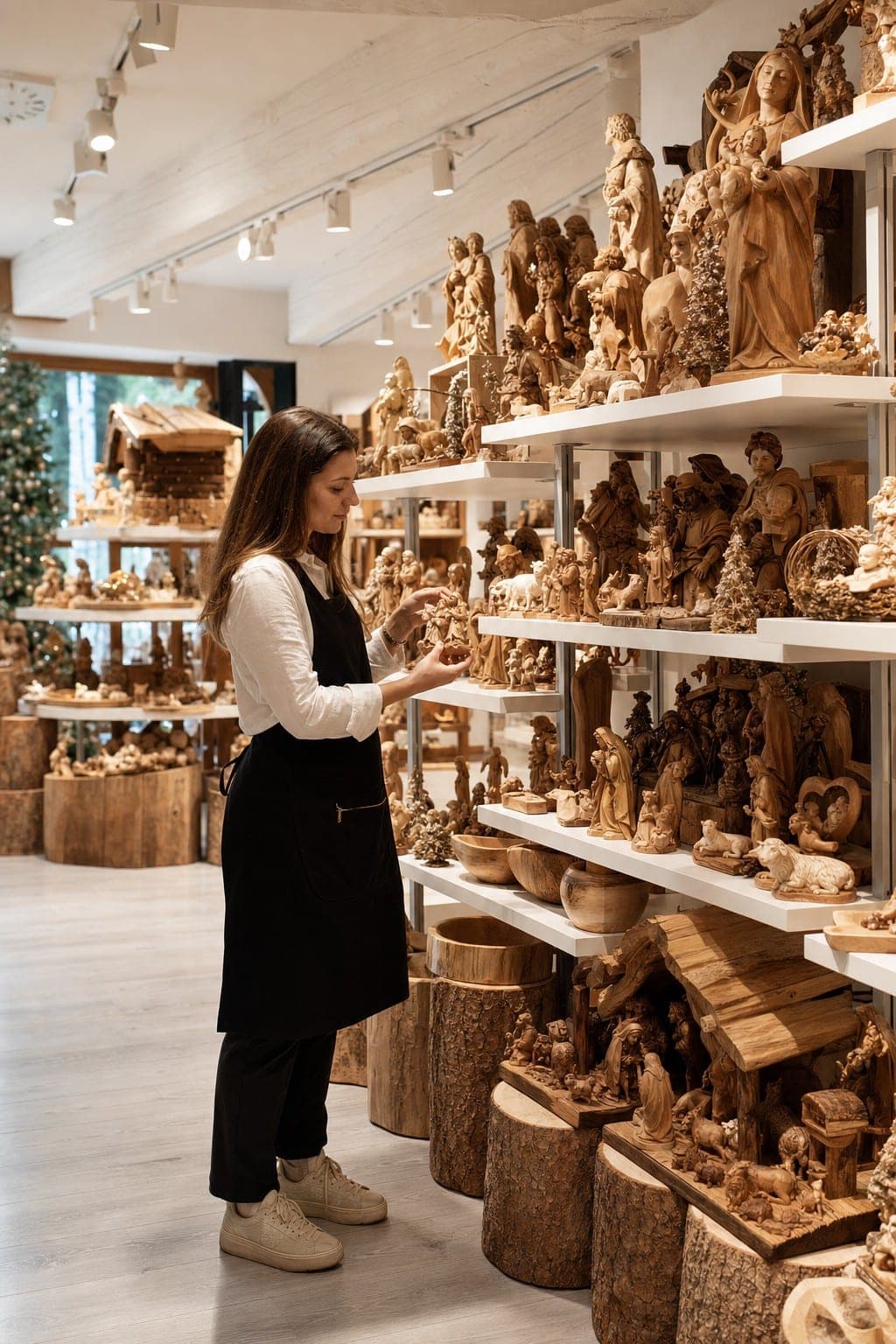Scaffali di una boutique Dolfi con sculture e oggetti in legno