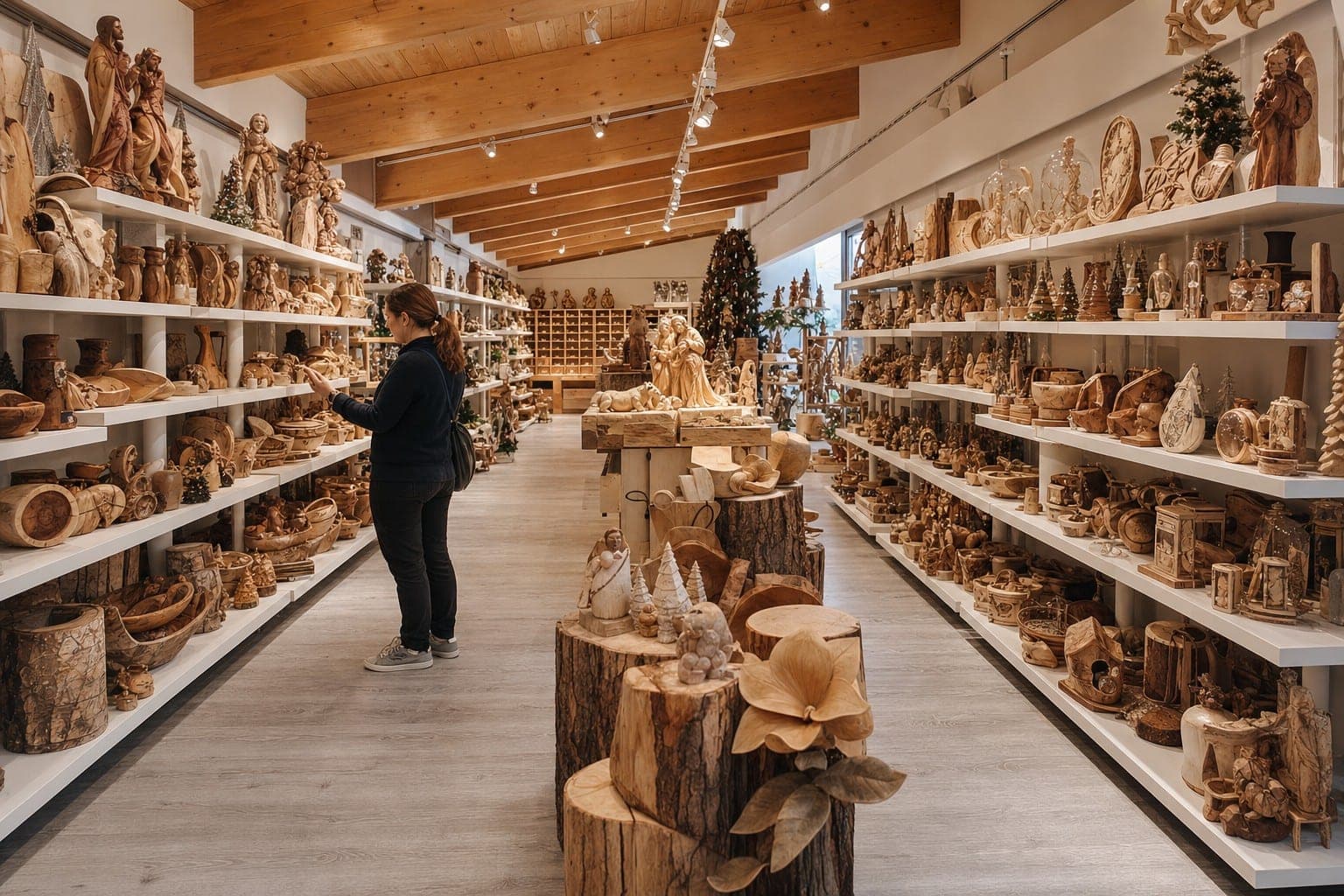 Interno di una boutique Dolfi con sculture in legno