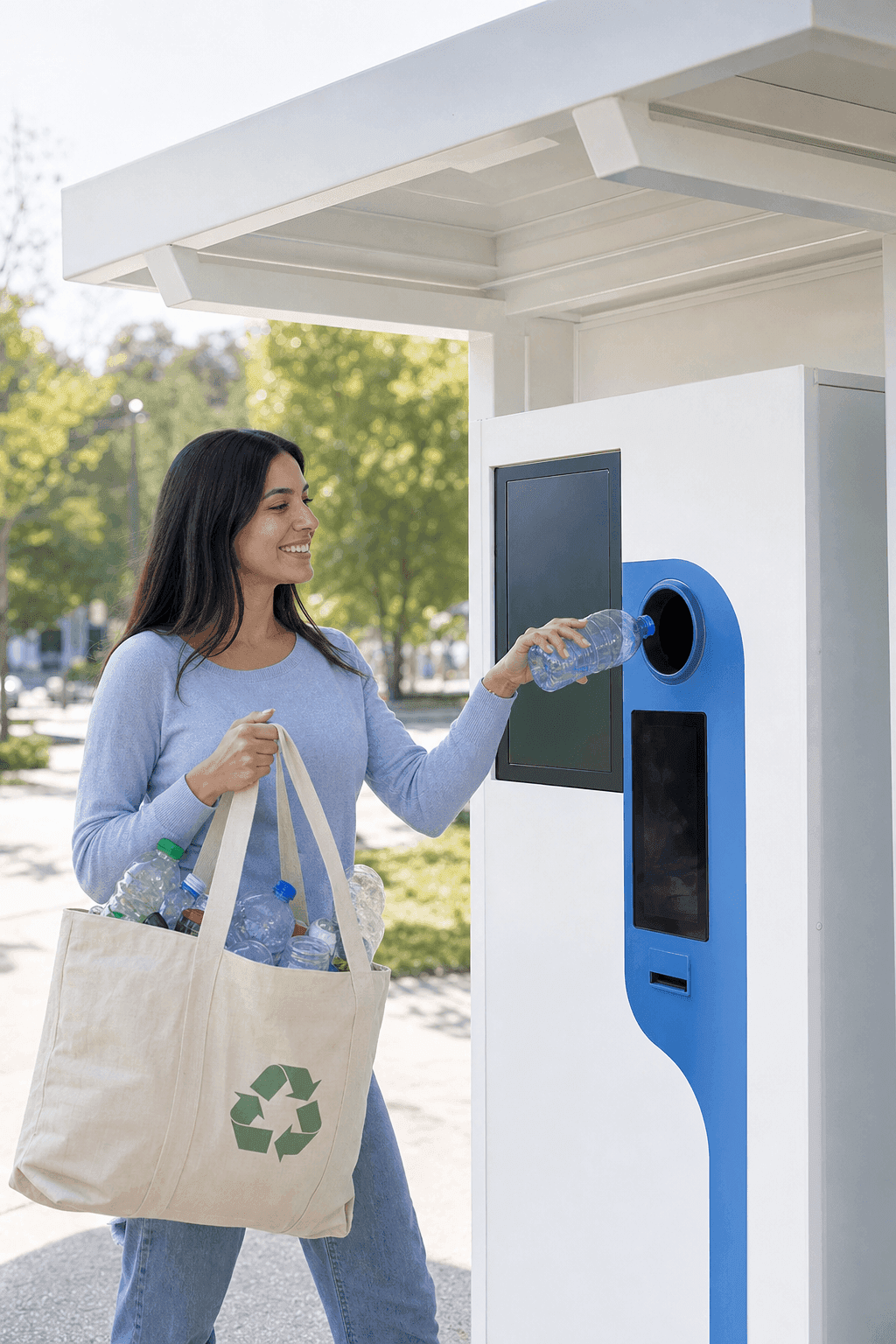 Persona accanto a un eco-compattatore Ecoreversa con una bottiglia in mano in una piazza