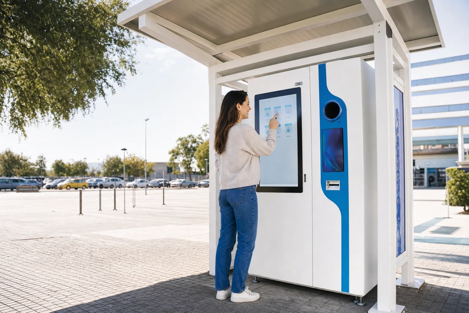 Eco-compattatore Ecoreversa installato sotto la pensilina in uno spazio pubblico