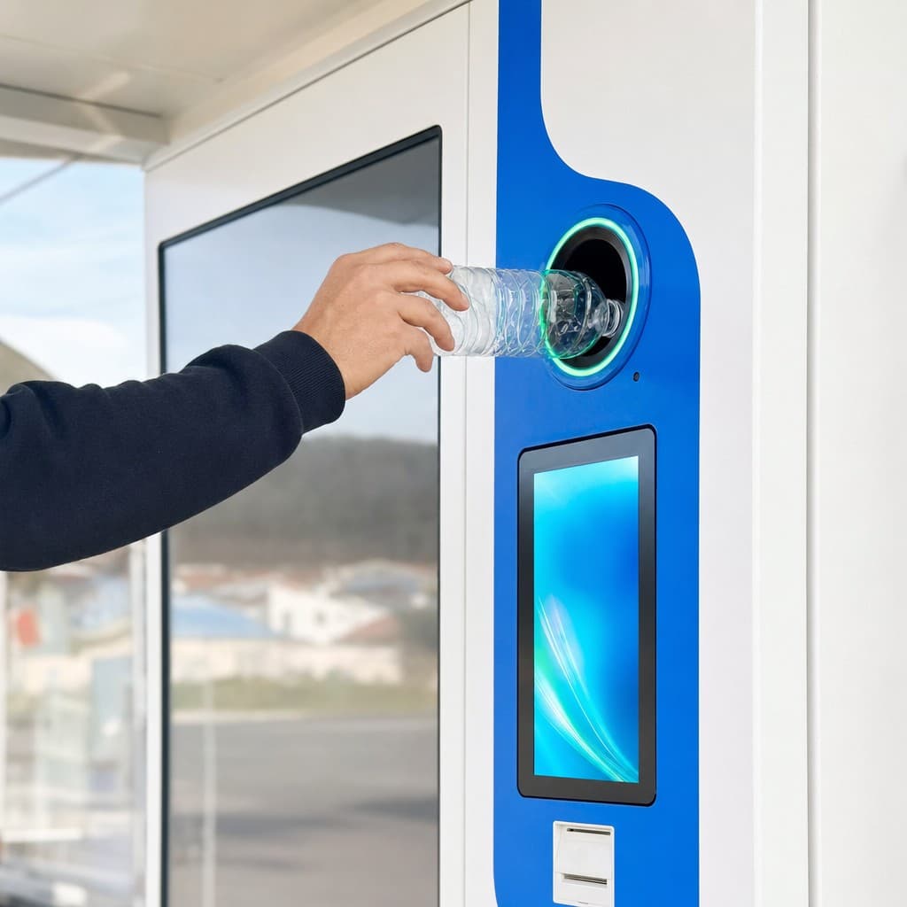 Mano che inserisce una bottiglia di plastica nel compattatore Ecoreversa