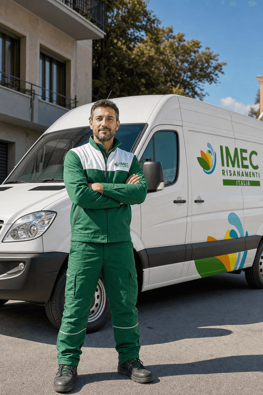 Titolare franchising IMEC in uniforme verde davanti al furgone attrezzato