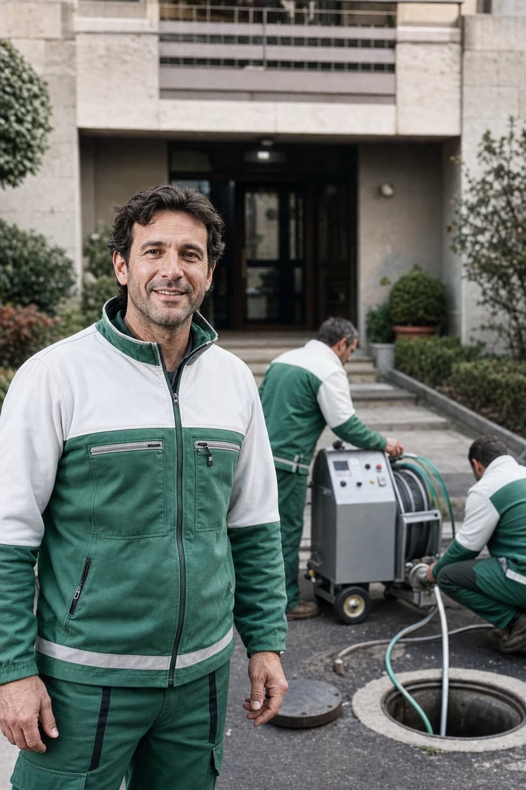 Titolare franchising IMEC sorridente davanti al condominio con la squadra al lavoro