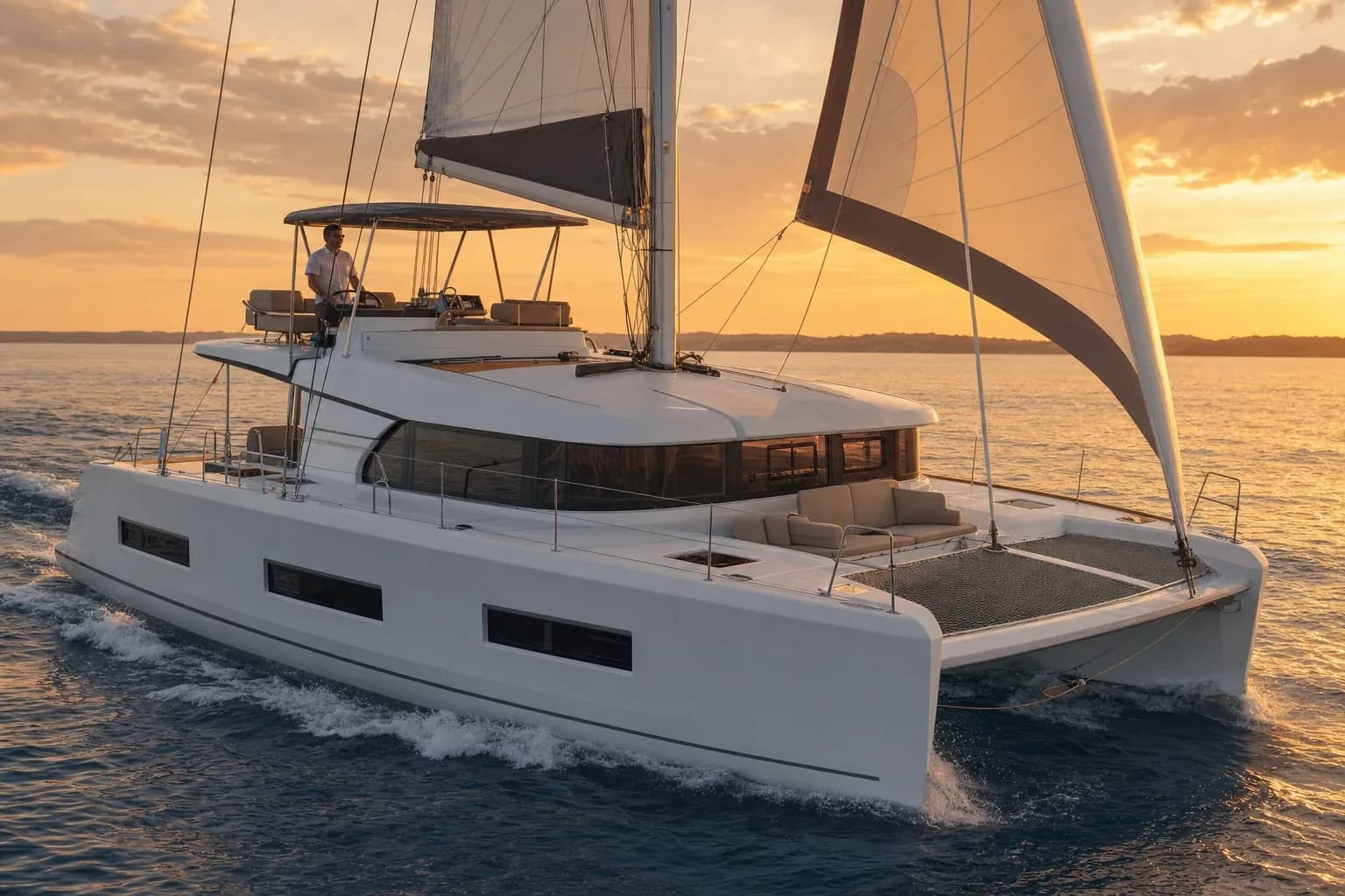 Catamarano MadMax in navigazione al tramonto