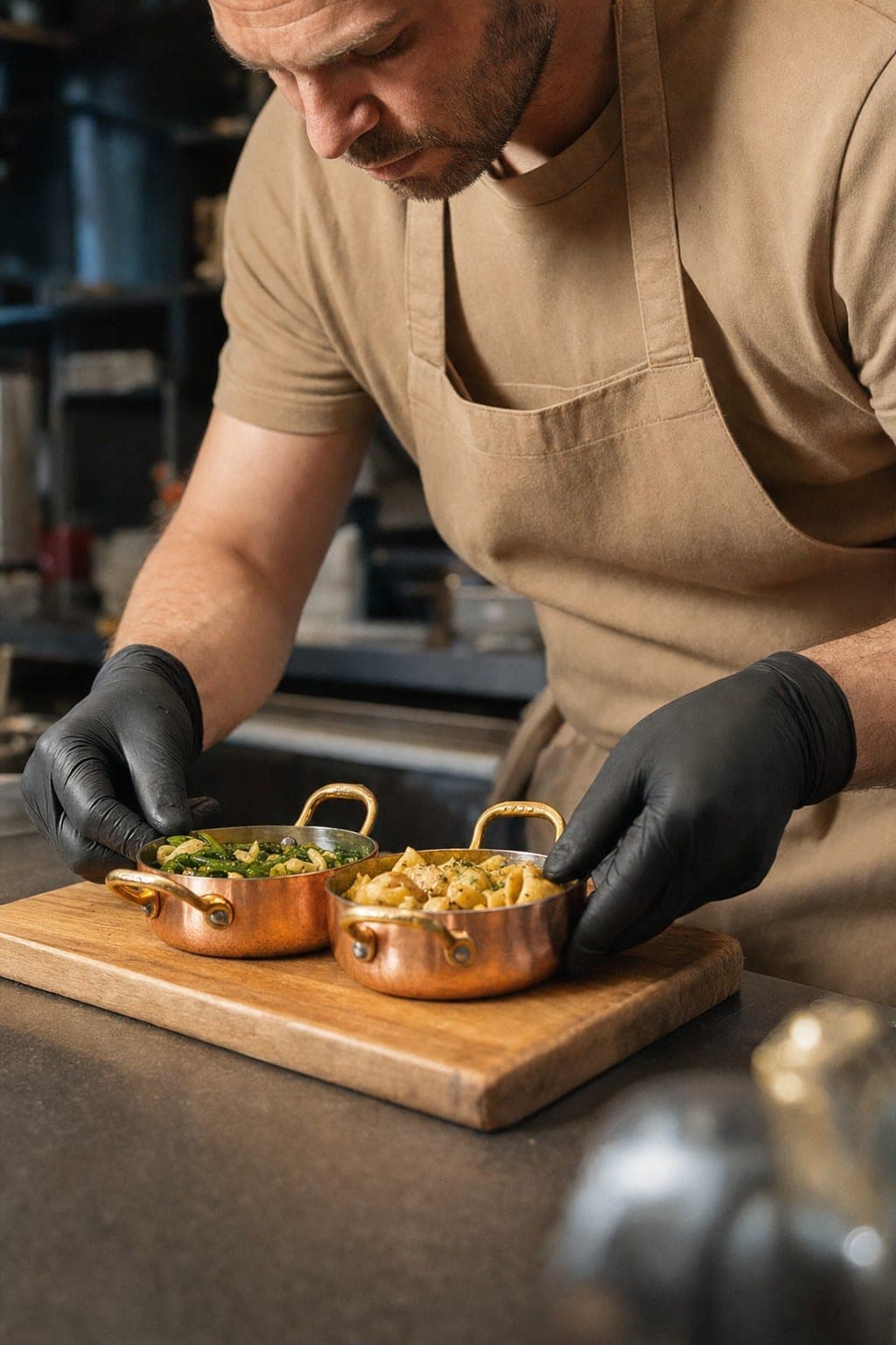 Chef Makako al lavoro in cucina con padellini di rame