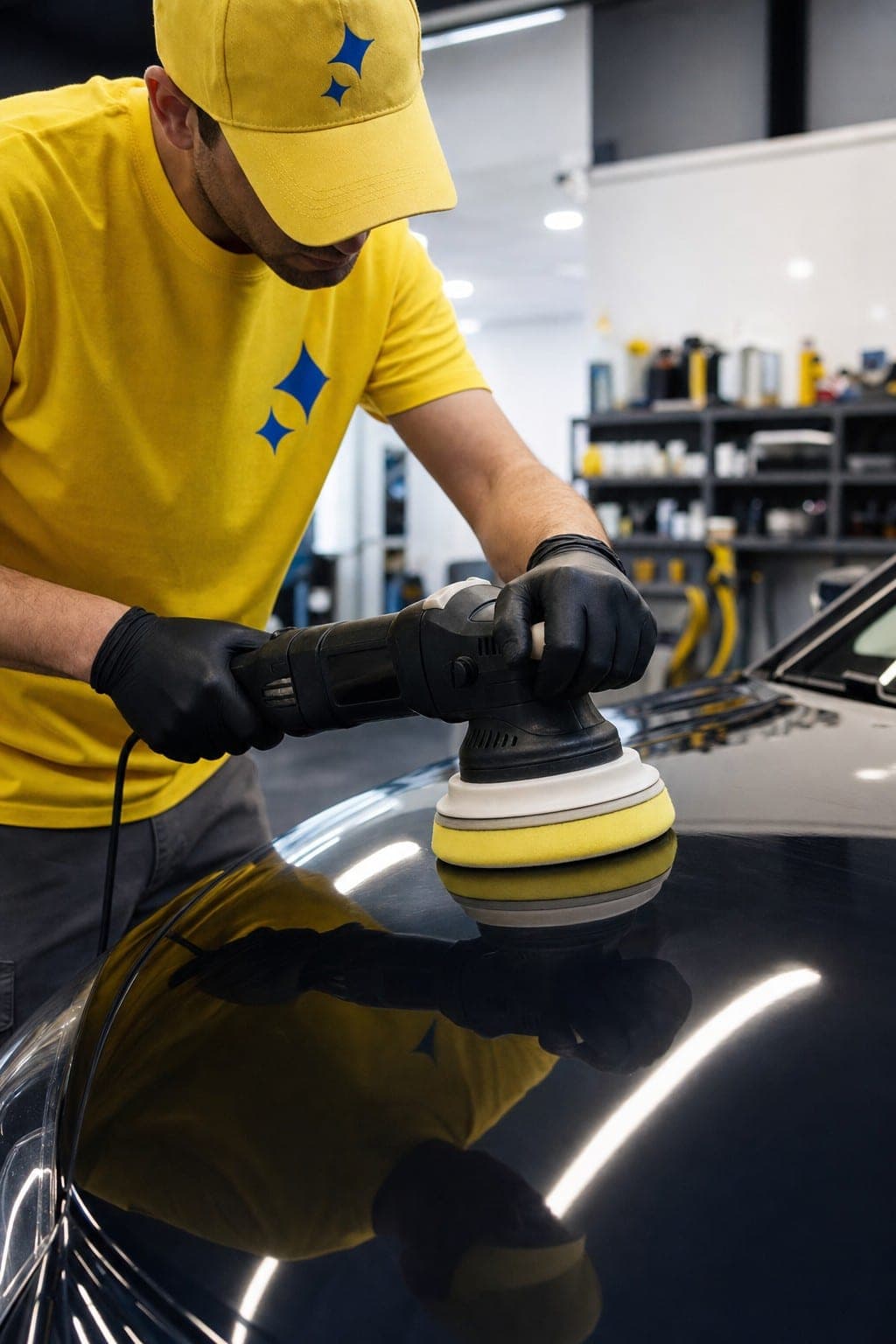 Operatore Mister Lavaggio lucida la carrozzeria di un'auto premium