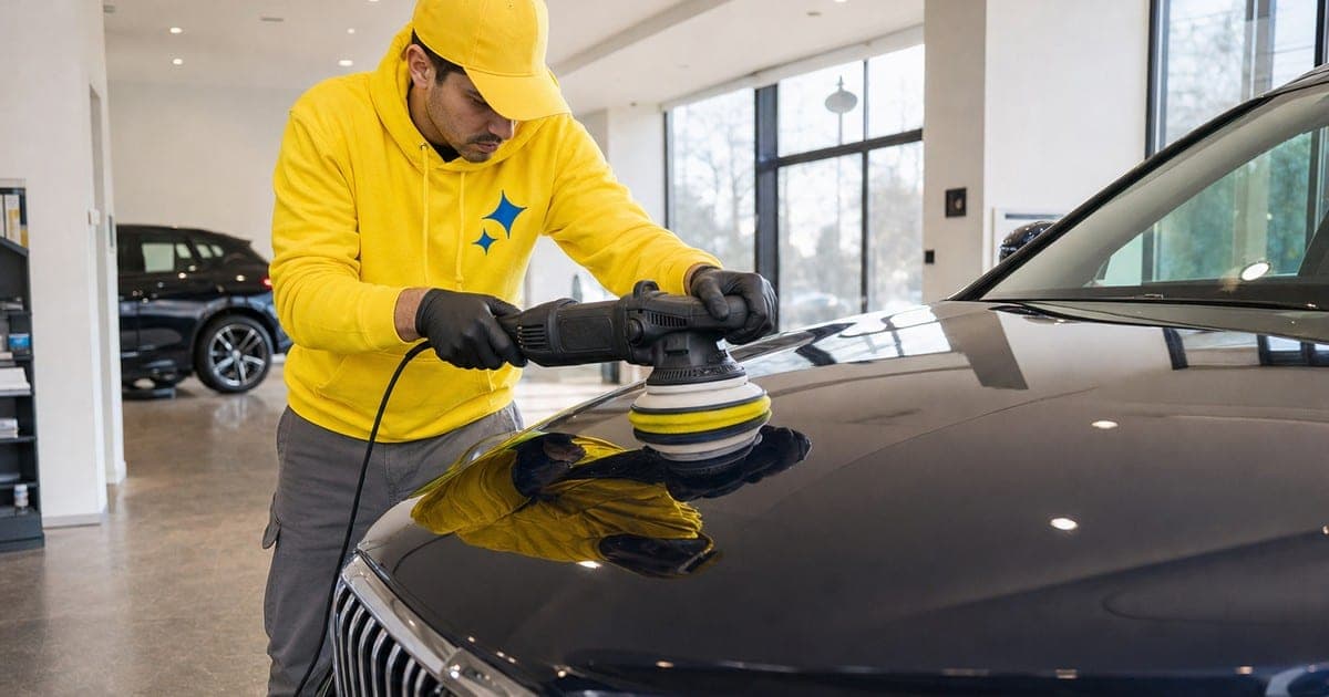 Operatore Mister Lavaggio lucida la carrozzeria di un'auto premium