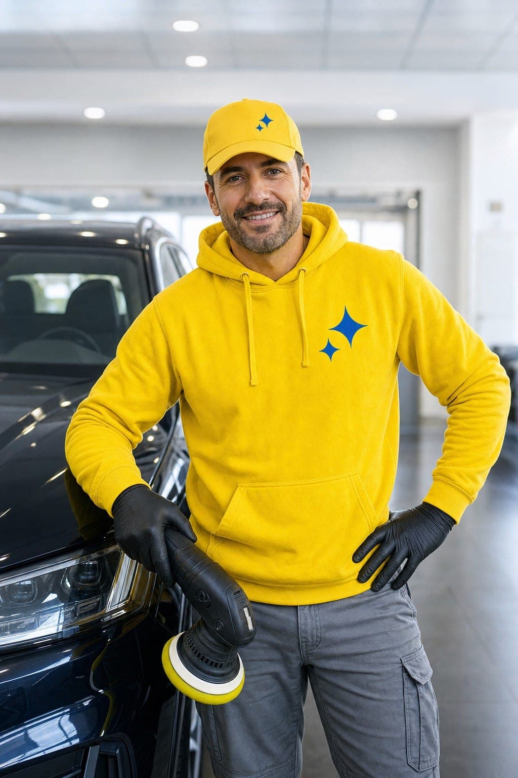 Operatore Mister Lavaggio accanto a un'auto premium