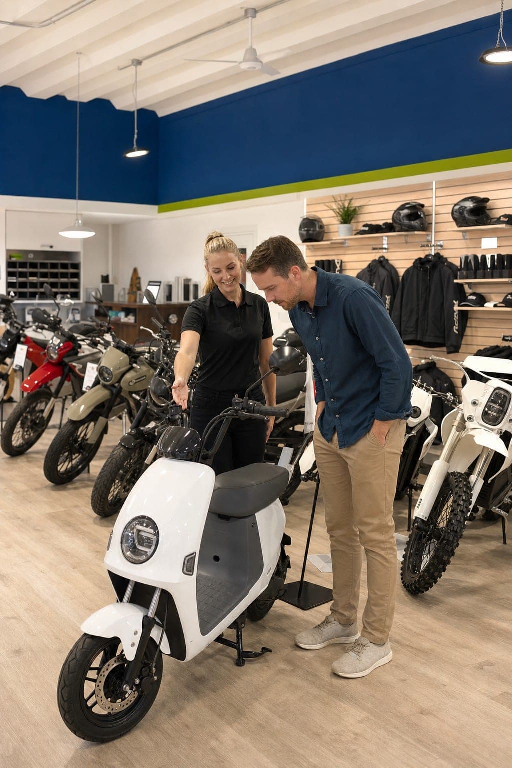 Cliente in showroom Motorgreen con uno scooter elettrico