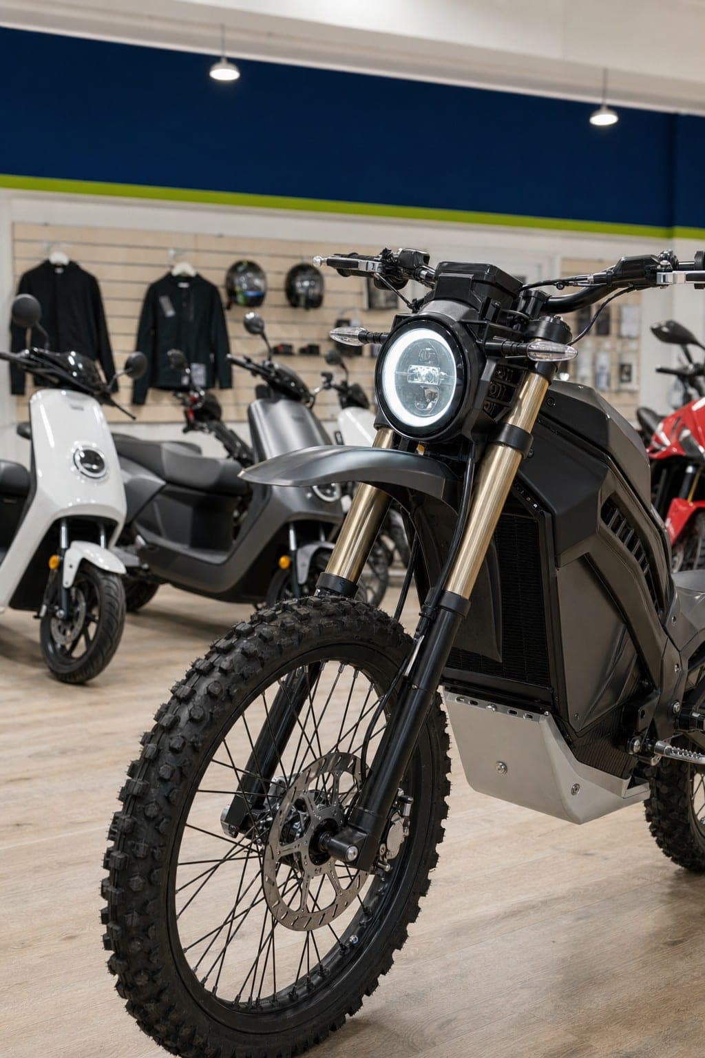Dettaglio frontale di una moto elettrica nello showroom Motorgreen