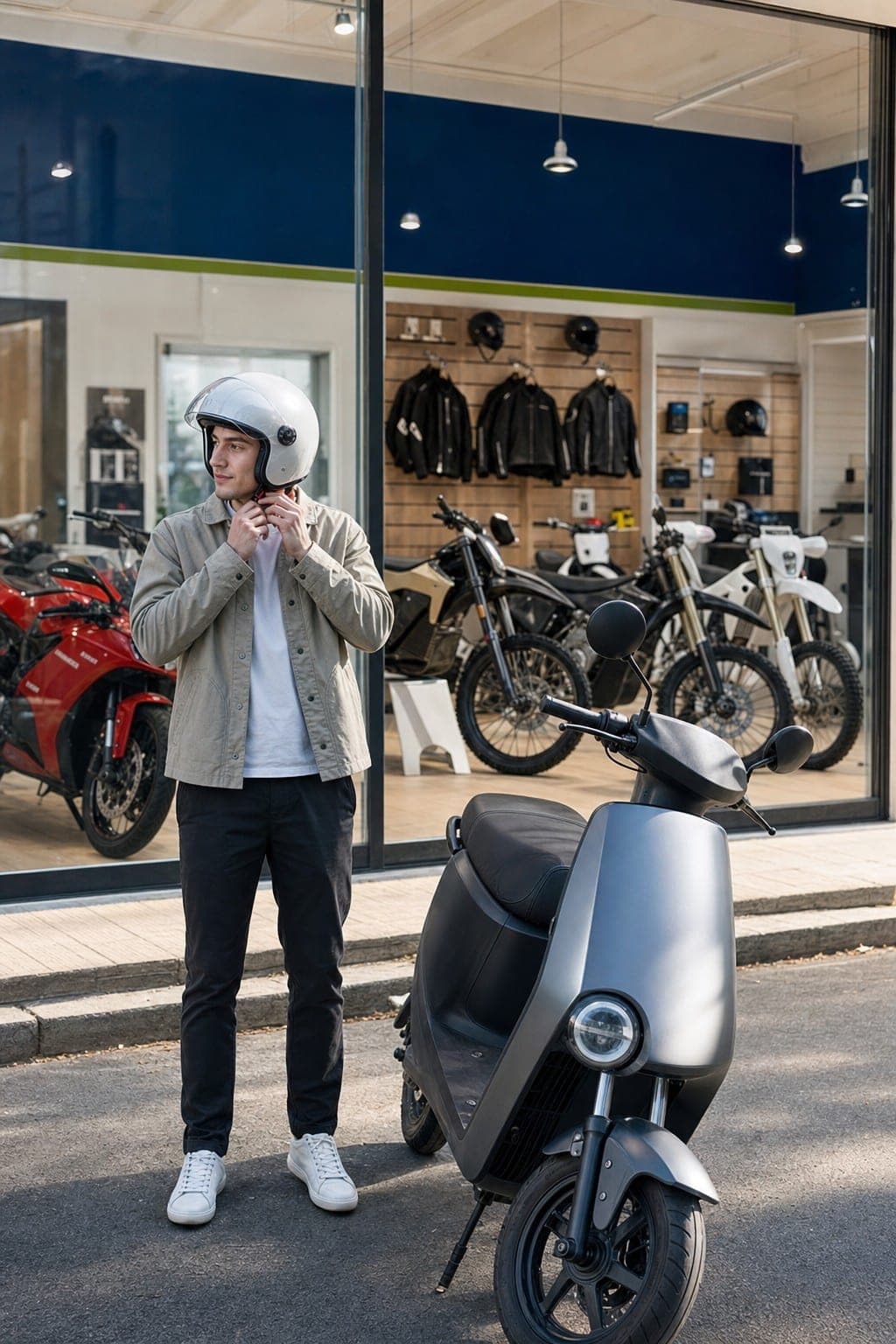Rider urbano accanto a uno scooter elettrico Motorgreen