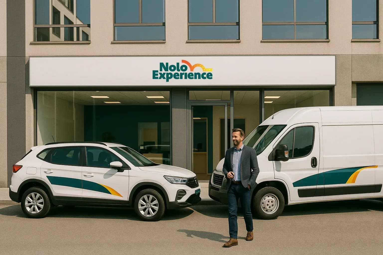 Sede di noleggio auto Nolo Experience con insegna, un SUV e un furgone bianchi della flotta e il titolare davanti all'ingresso