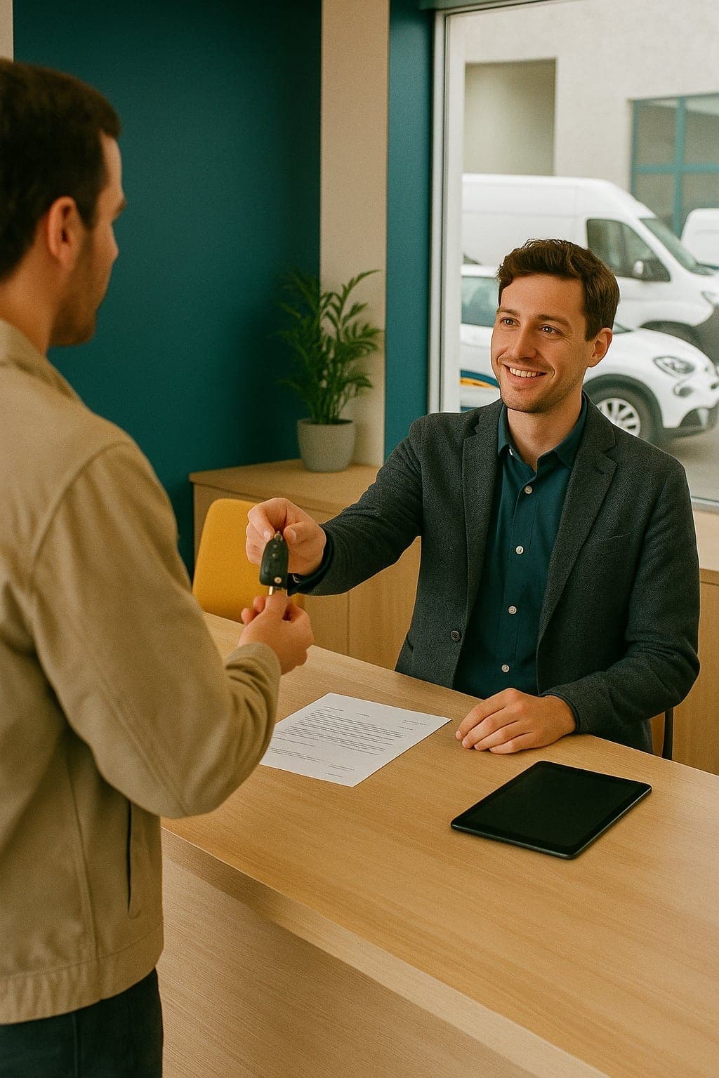 Consulente di una sede di noleggio consegna le chiavi di un'auto a un cliente al banco