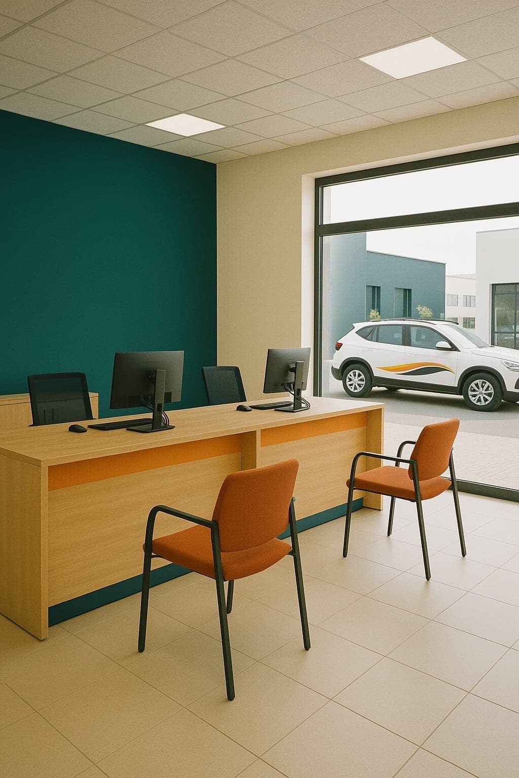 Interno di una sede di noleggio auto da circa 50 mq con banco in legno, due postazioni e parete color petrolio