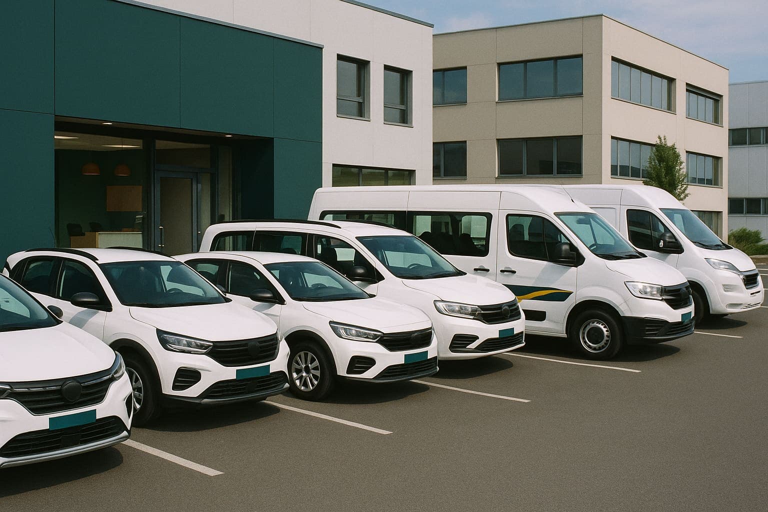 Flotta di noleggio con city car, SUV compatti, un pulmino e due furgoni bianchi allineati nel parcheggio