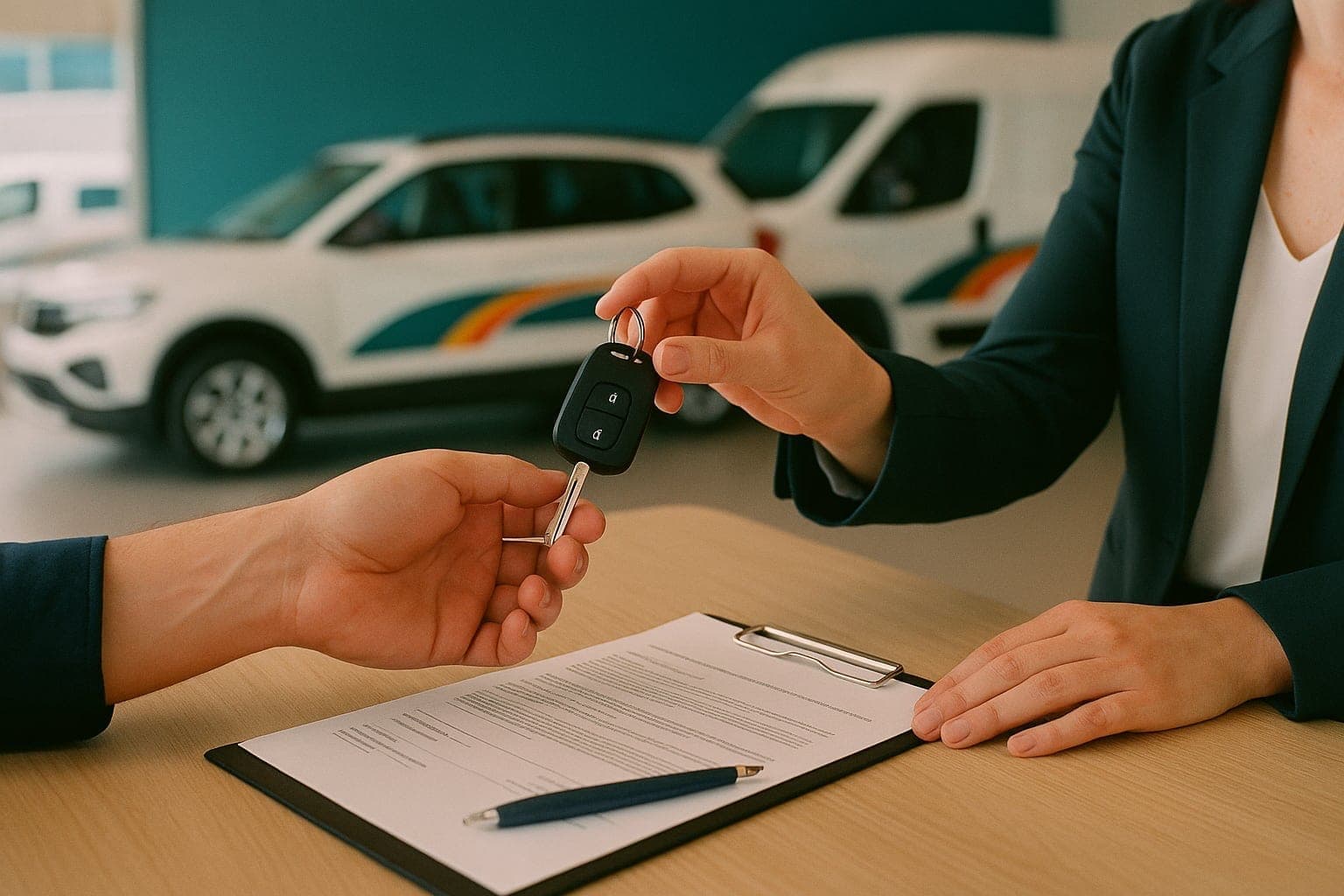 Consegna delle chiavi di un'auto a noleggio al banco, accanto al contratto firmato