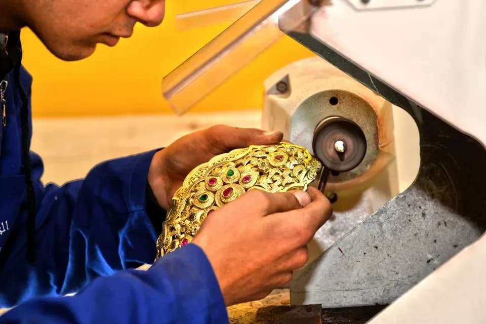 Orafo che lucida un gioiello d'oro al banco di lavoro