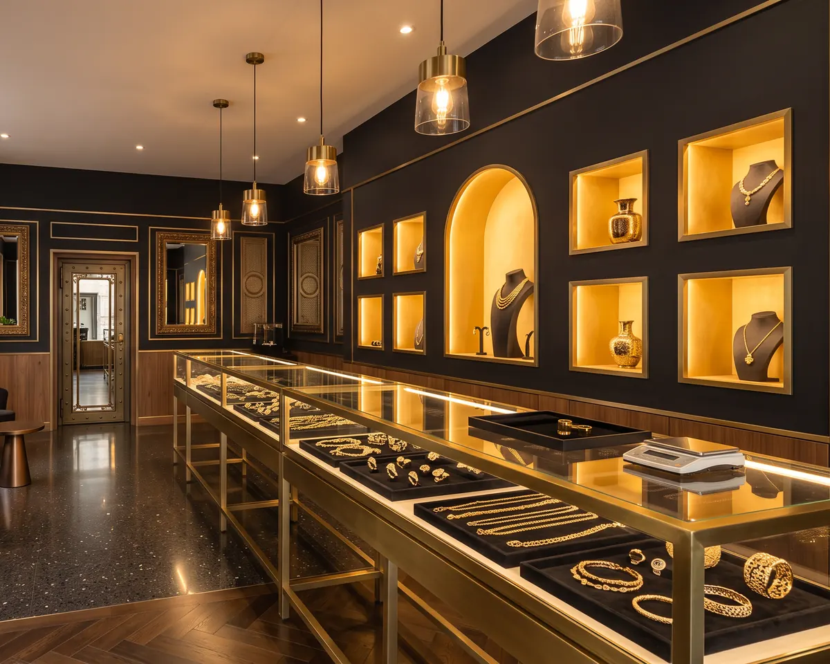 Interno di un compro oro con pareti nere, nicchie illuminate e banco in vetro pieno di gioielli d'oro