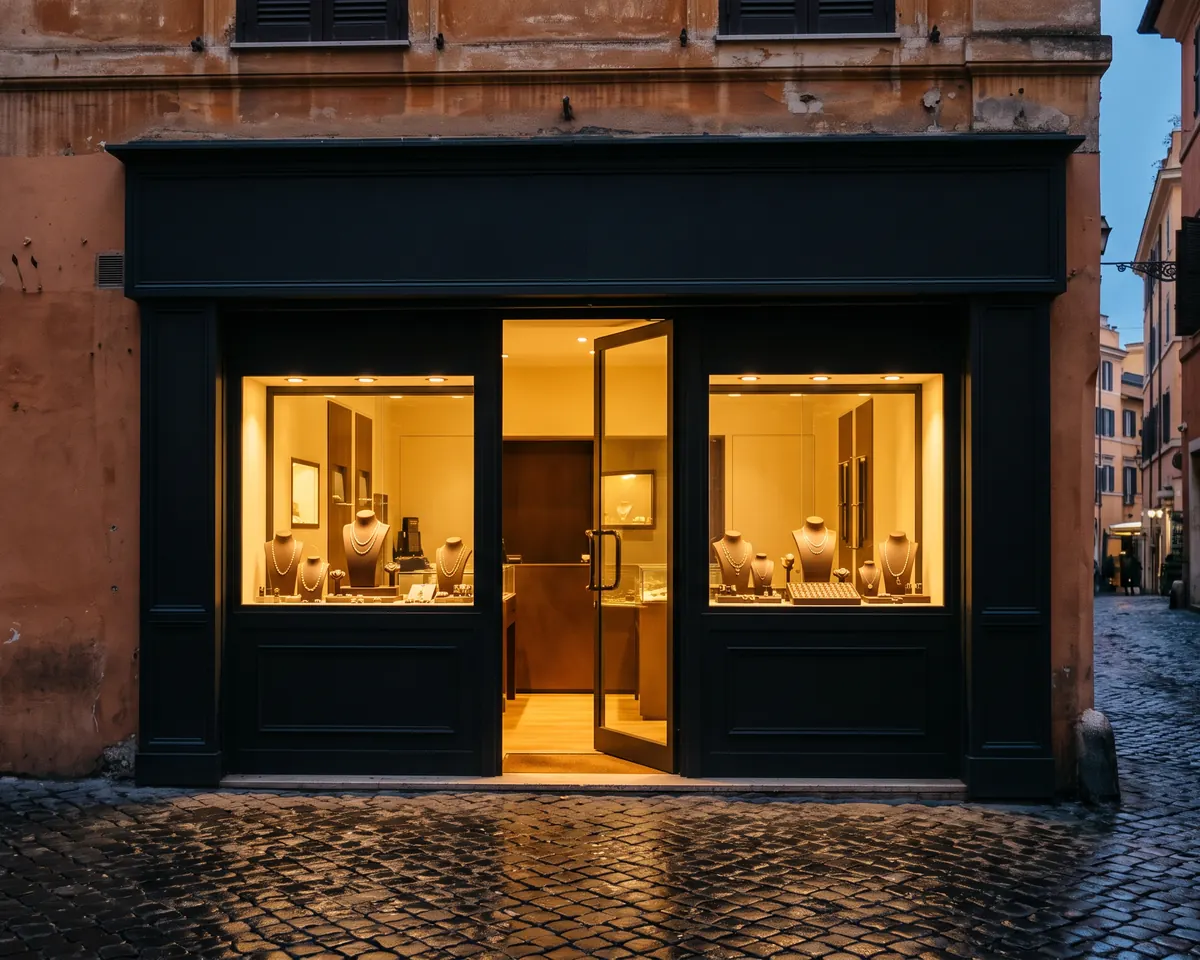 Vetrina di un compro oro illuminata la sera, in una via lastricata del centro