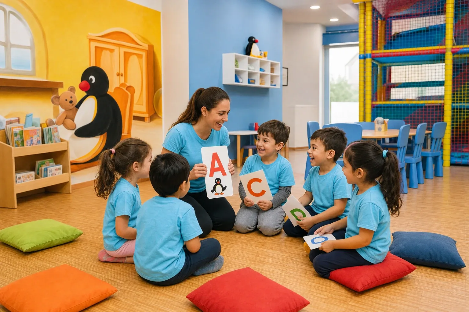 Bambini che imparano l'inglese giocando in una scuola Pingu's English