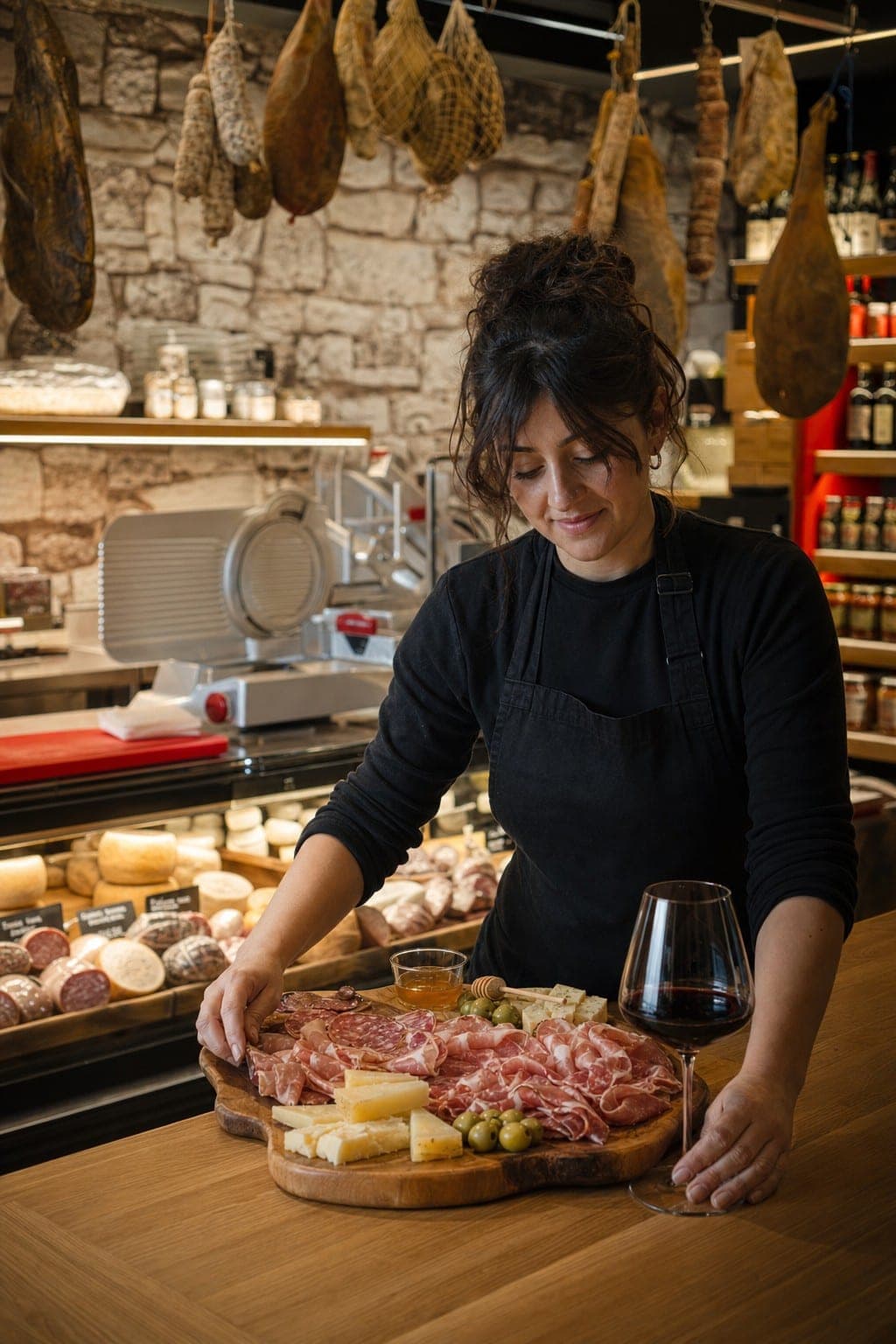 Banco di salumi e formaggi toscani in una bottega Quintovizio