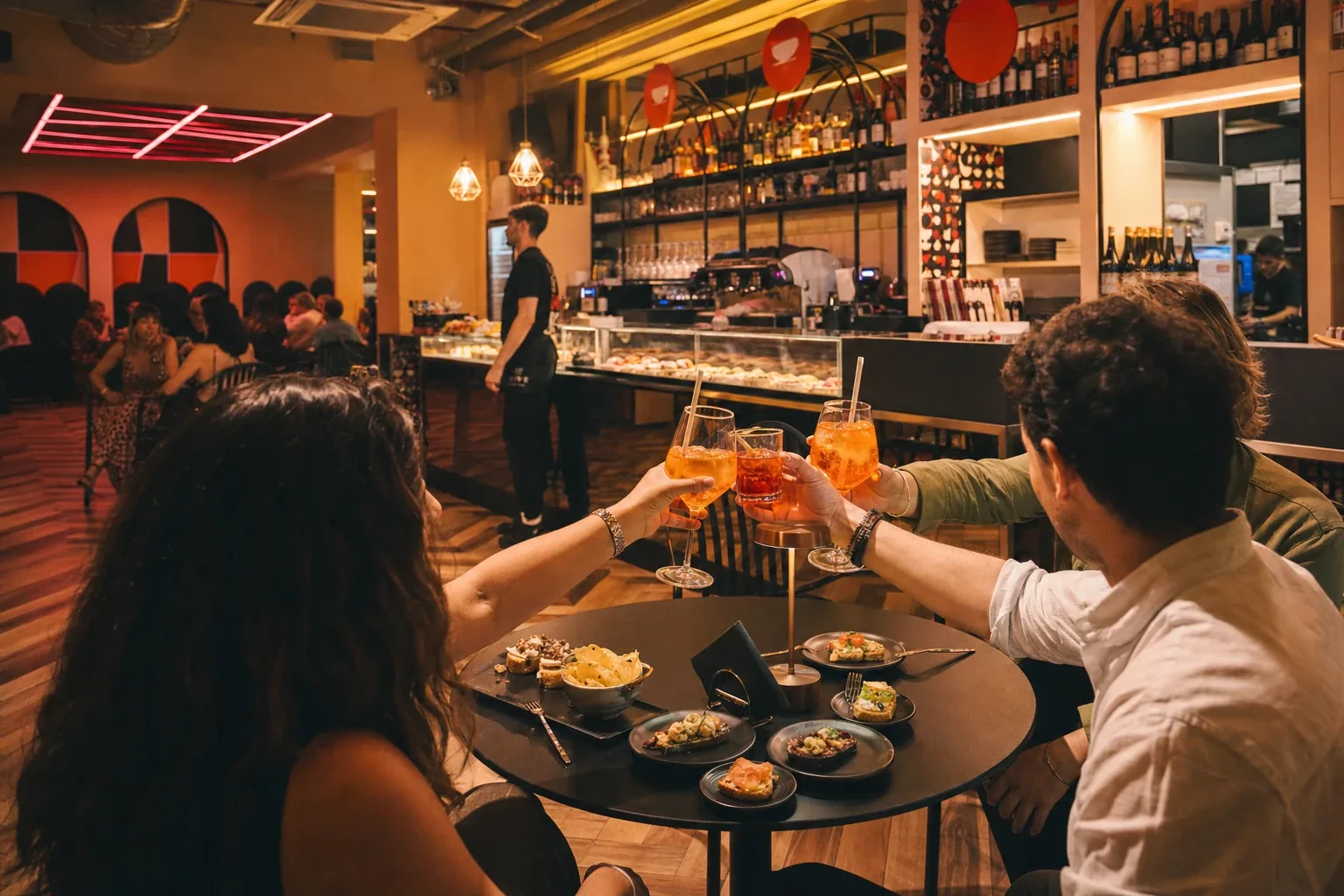 Interno di un locale Trivè All Day Bar con aperitivo e piatti serviti