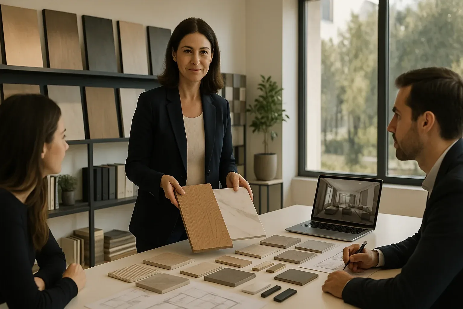Manager di rete V-Si guida una riunione con architetti tra campioni di marmo e parquet