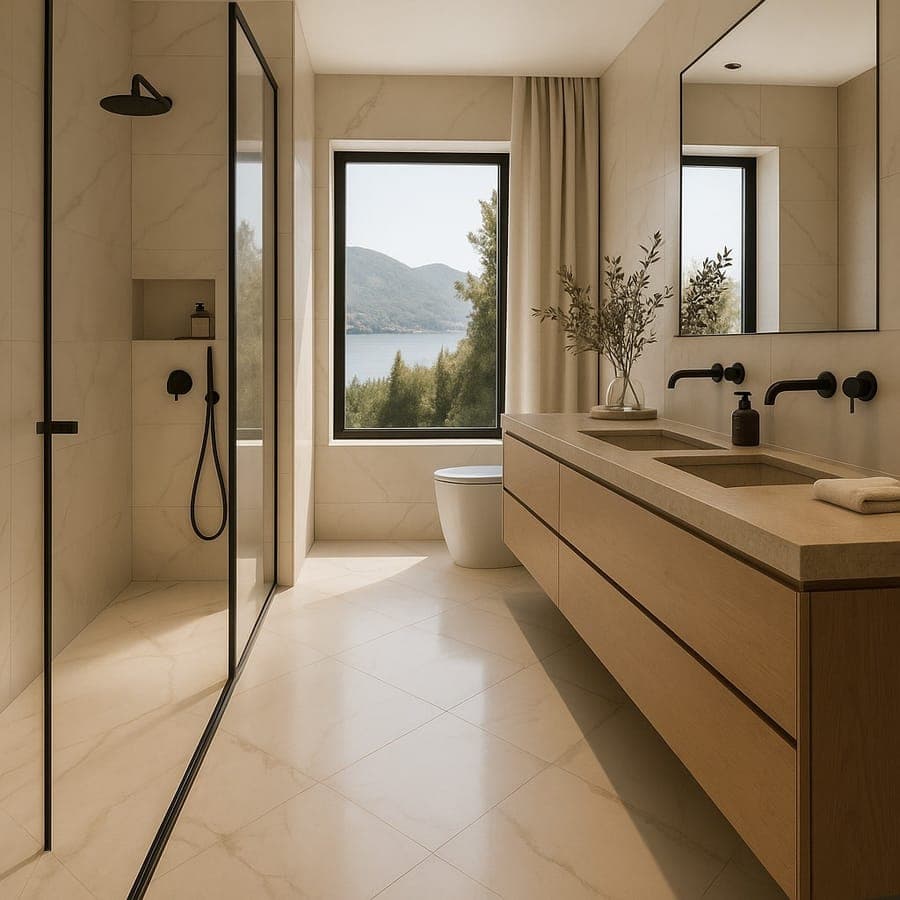 Bagno contemporaneo realizzato con gres effetto marmo, doccia walk-in e mobile in rovere