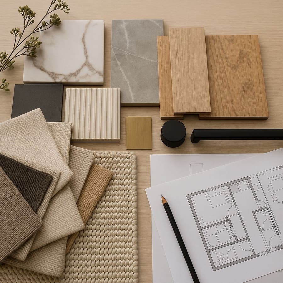 Moodboard di progetto V-Si con campioni di marmo, parquet, ceramica e tessuti
