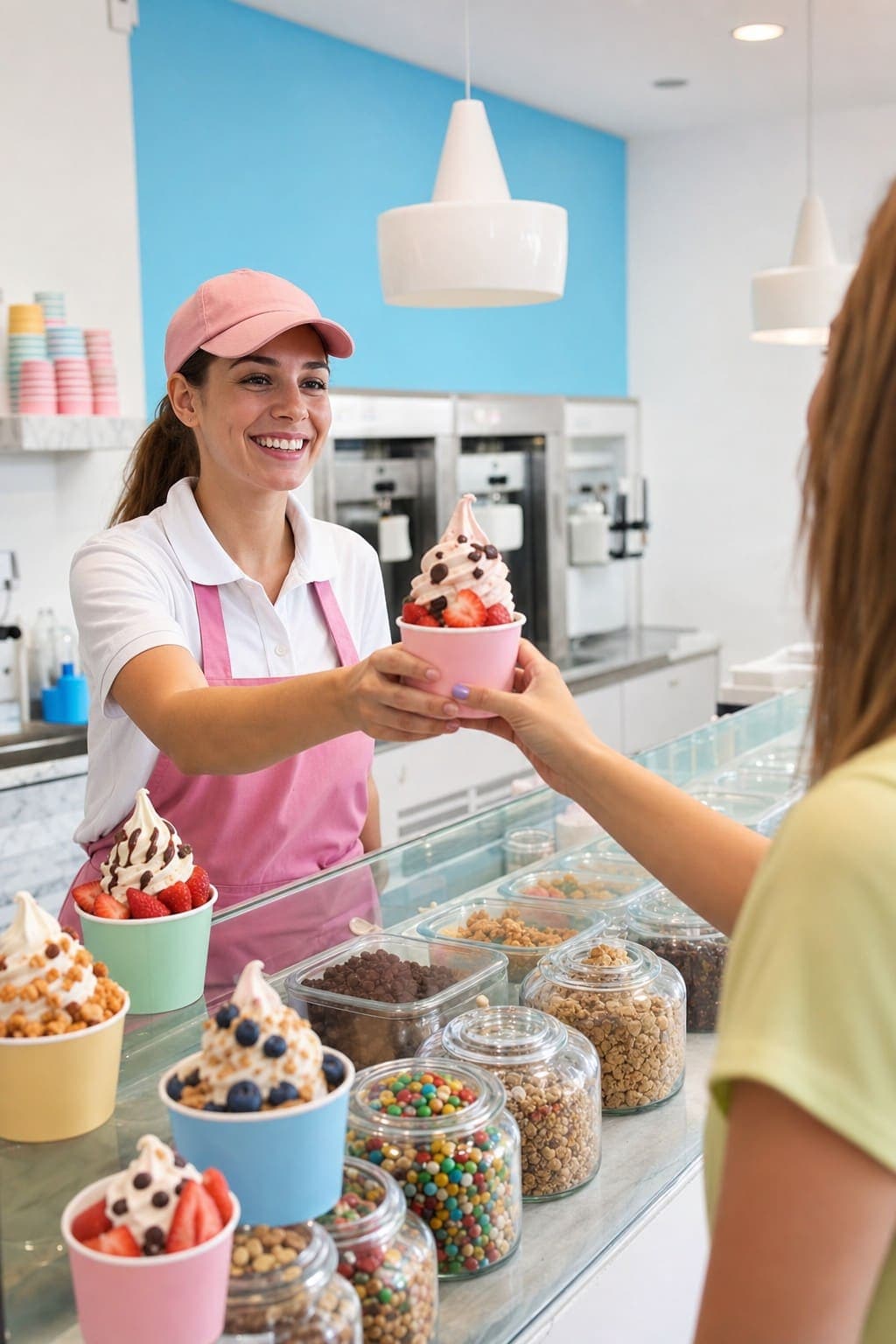 Coppette di frozen yogurt Yogurtlandia con frutta fresca e topping colorati