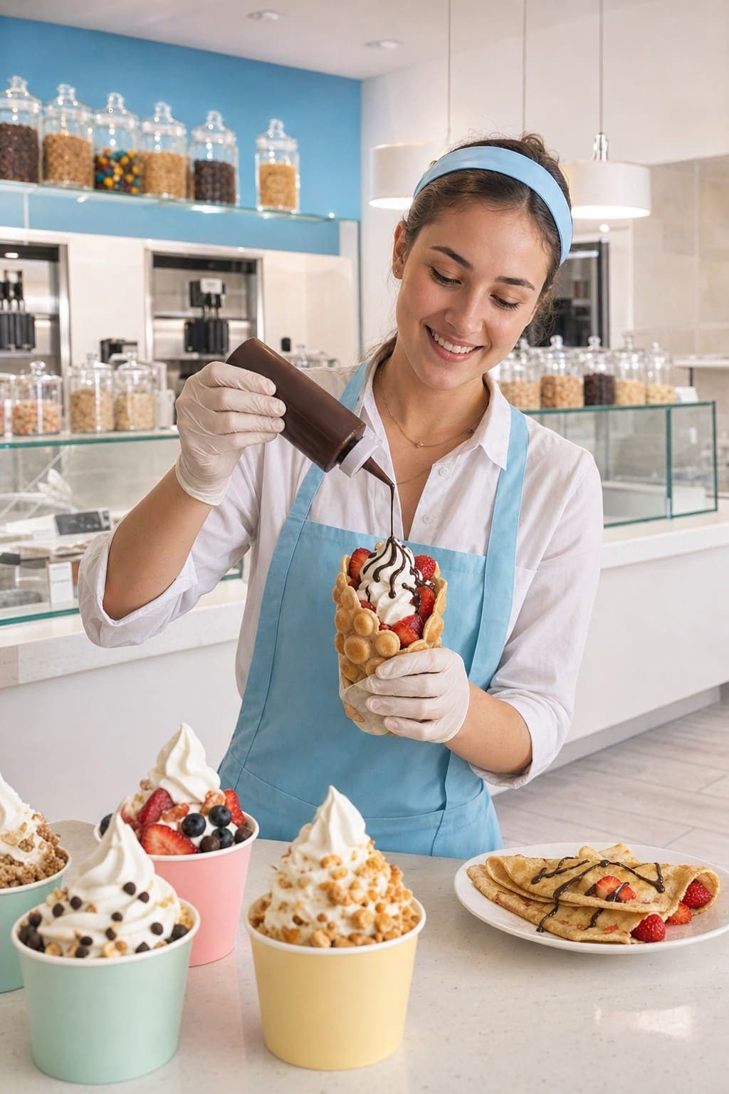 Bubble waffle e crepes appena preparati in una yogurteria Yogurtlandia