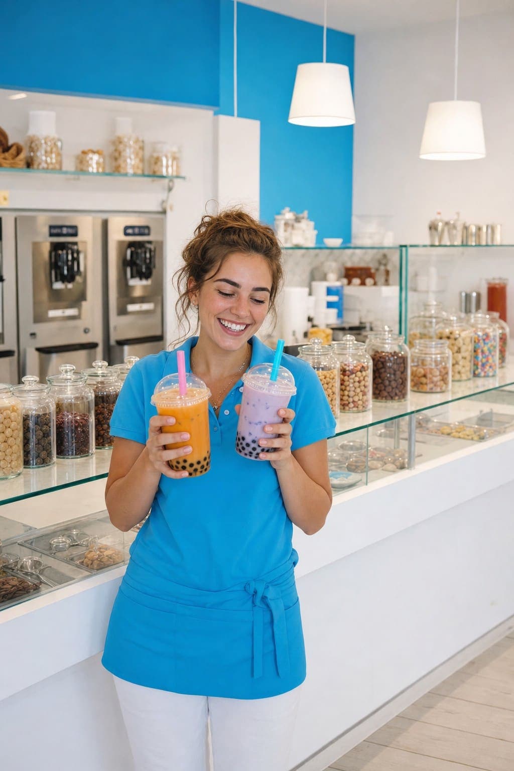 Bubble tea e milk tea colorati serviti al bancone Yogurtlandia