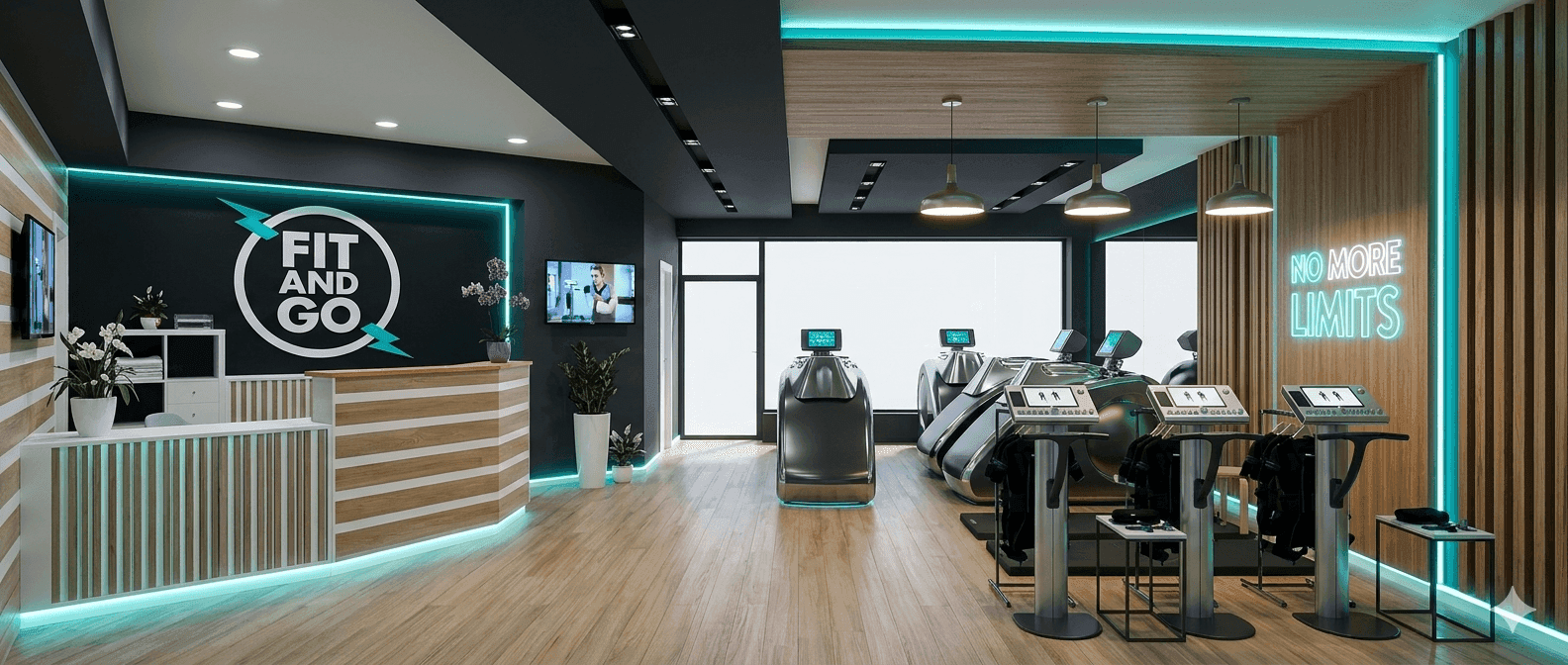 Studio FitAndGo, rendu 3D de l'espace d'entraînement avec réception de marque, tapis Vacufit et néon No More Limits