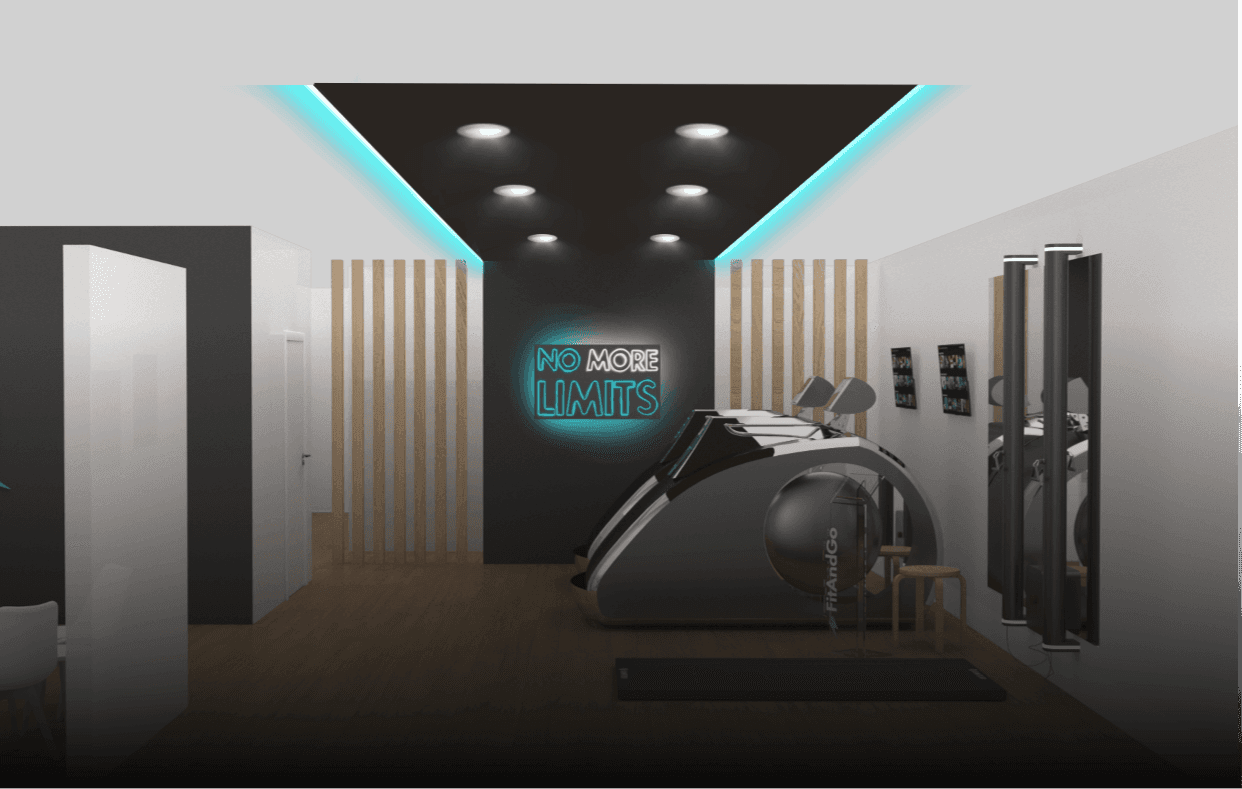 Rendu 3D concept FitAndGo, espace machines avec éclairage teal et néon No More Limits