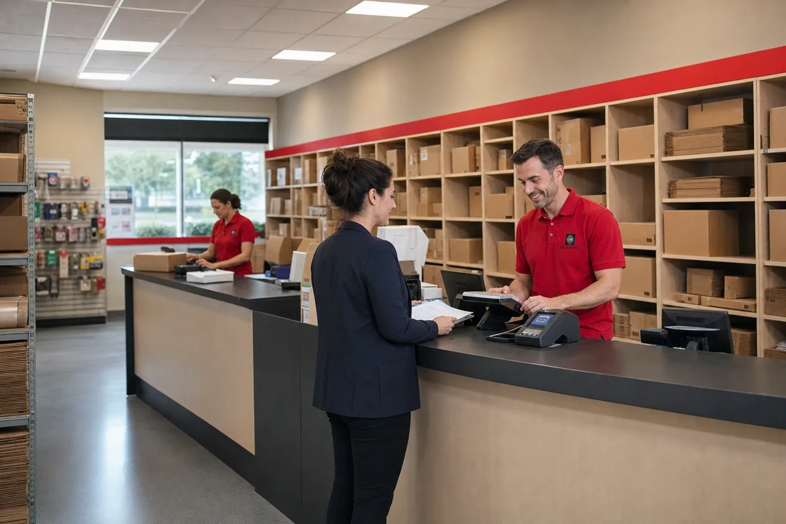 Intérieur d'un centre Mail Boxes Etc., conseiller en polo rouge au comptoir avec un client