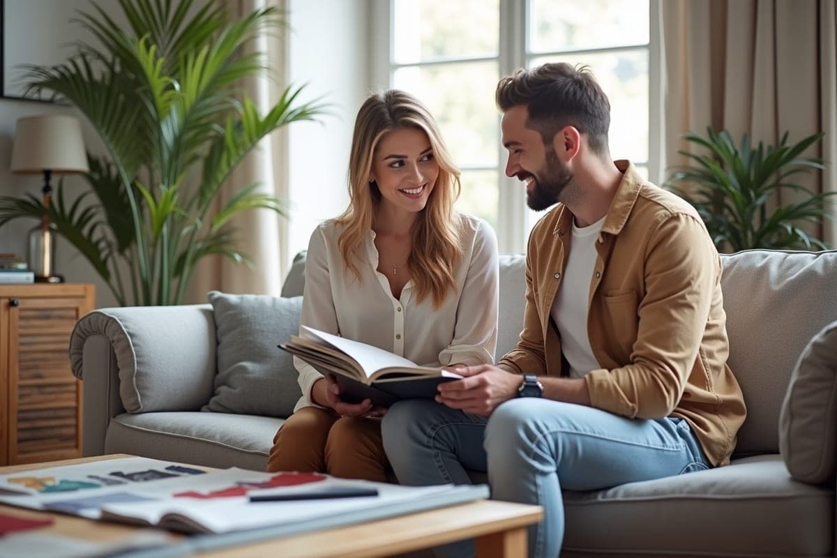 Consultation Venidom à domicile — couple découvrant les matériaux avec le franchisé