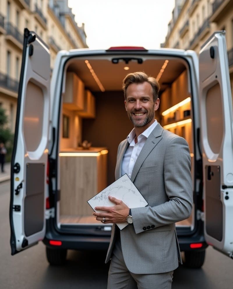 Franchisé Venidom devant son showroom mobile — aménagement intérieur
